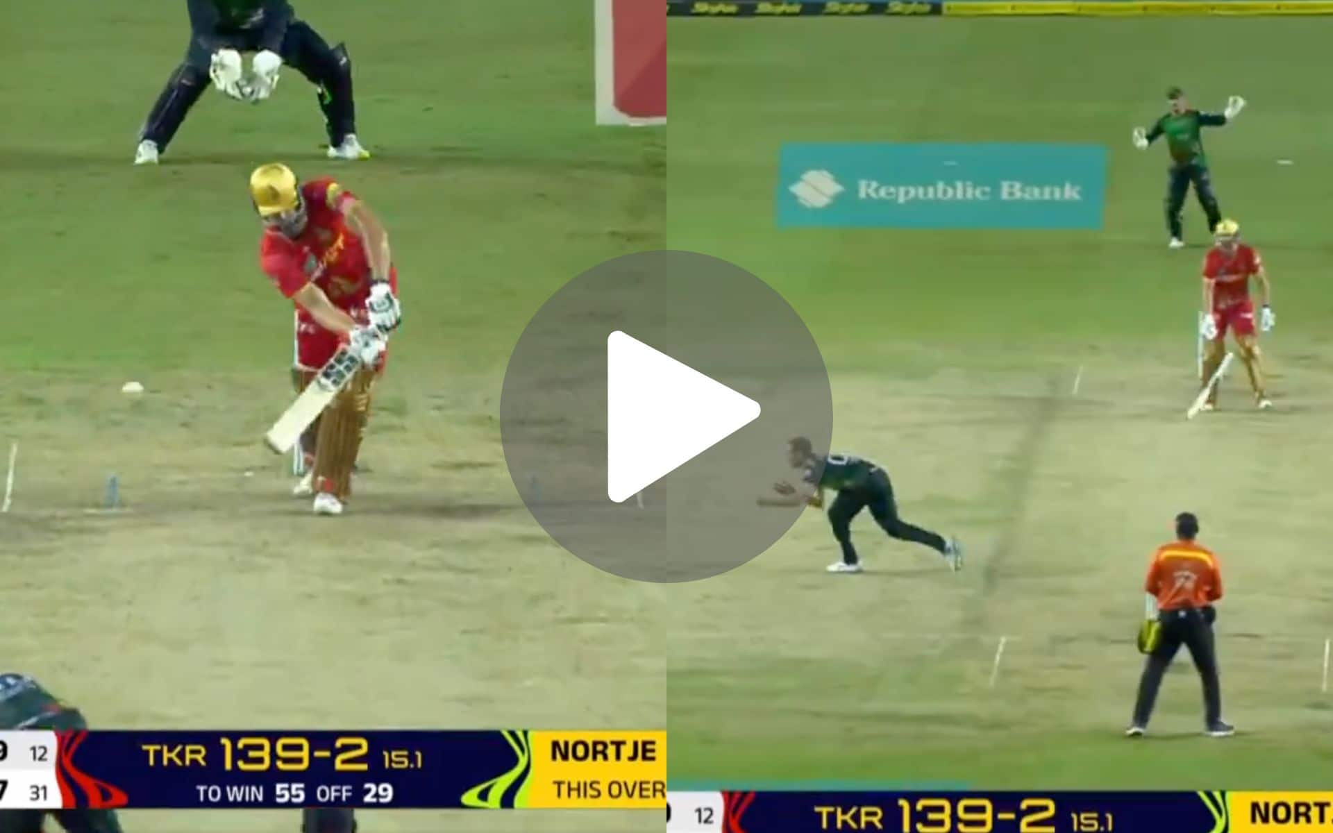 [Watch] Anrich Nortje Takes A Stunning Reflex Catch To Dismiss Tim David In CPL 2024